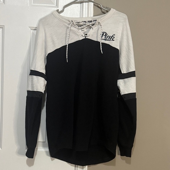 PINK Victoria's Secret Tops - PINK Victoria's Secret Black and White Lace-Up Sweatshirt